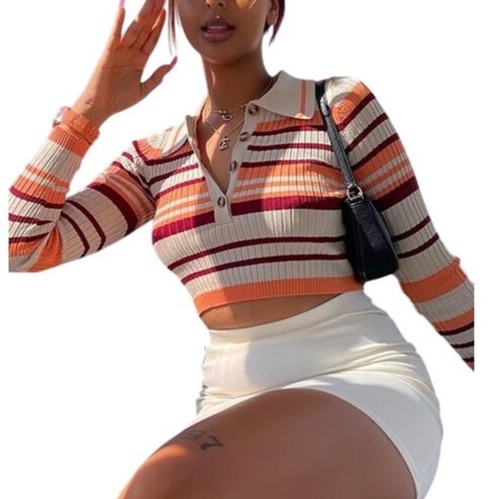 Fashion Nova Womens L Striped Ribbed Knit Polo Crop Top Orange Burgundy TI6176